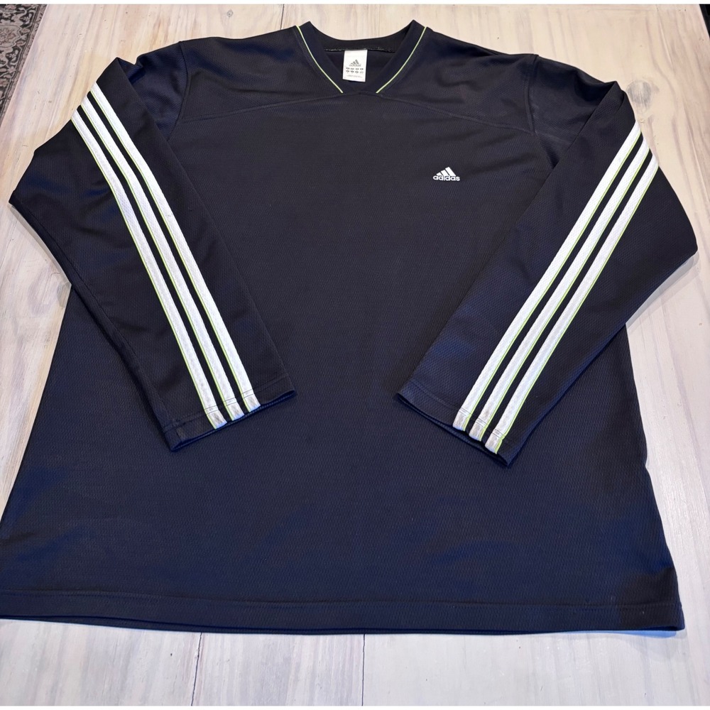 Adidas Mens XL Long Sleeve V-Neck Mesh Shirt Black White Neon Green 3-Stripes